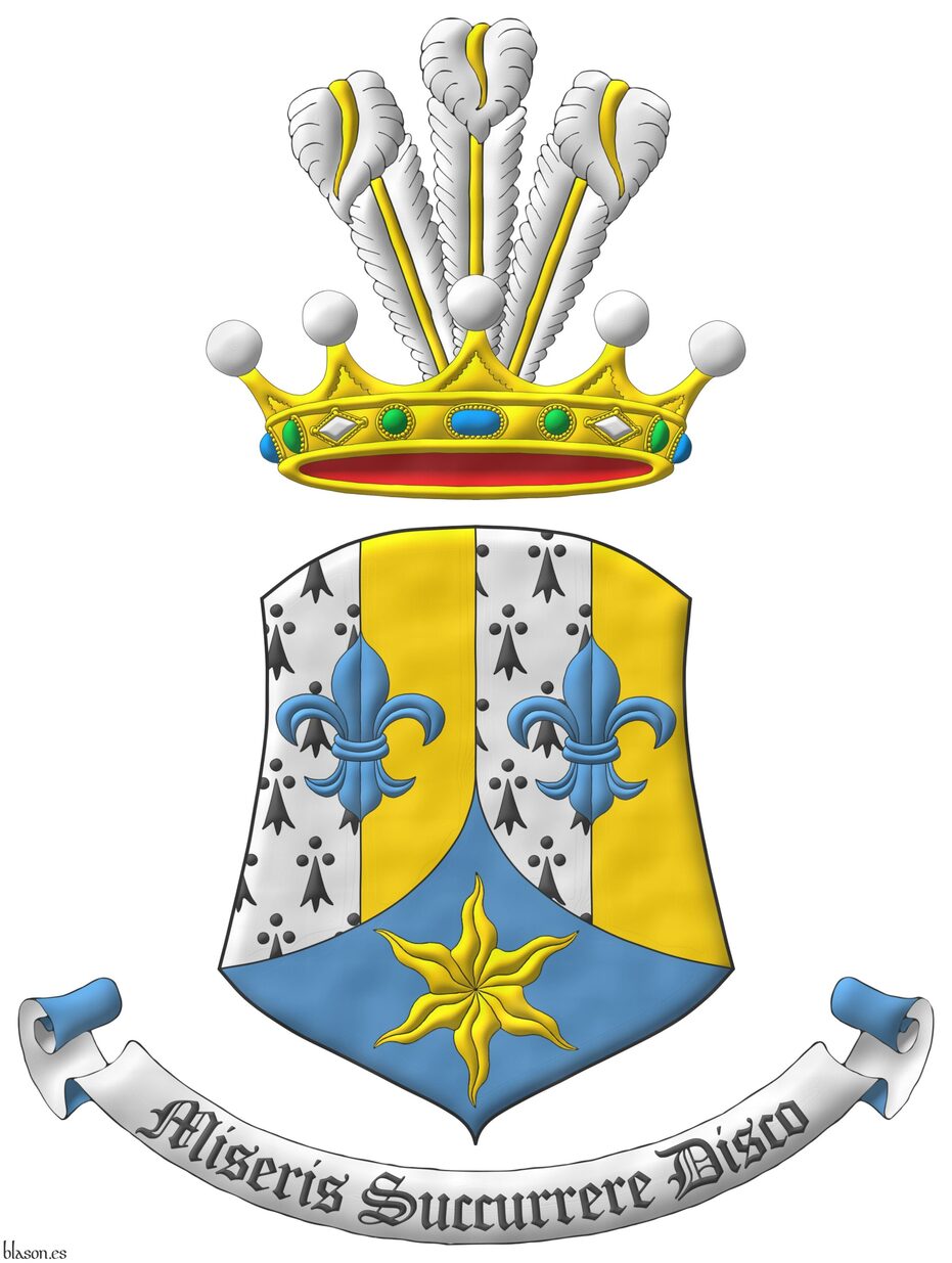 Paly of four Ermine and Or, overall two fleurs de lis in fess Azure; ent� en point Azure, an estoile Or. Crest: A crown of a Baroness of the Serene Princely House of Saint-Marc in the capacity of dynastic heirs of the former Haitian Empire, issuant three ostrich feathers Argent shafted Or. Motto: �Miseris Succurrere Disco�.