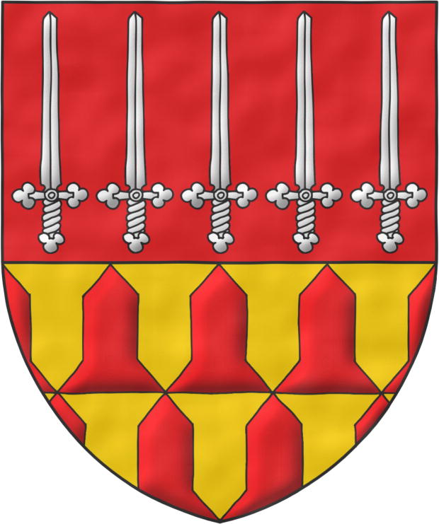 Party per fess: 1 Gules, five Swords Argent, erect, in fess; Vairy or and gules gules and or.