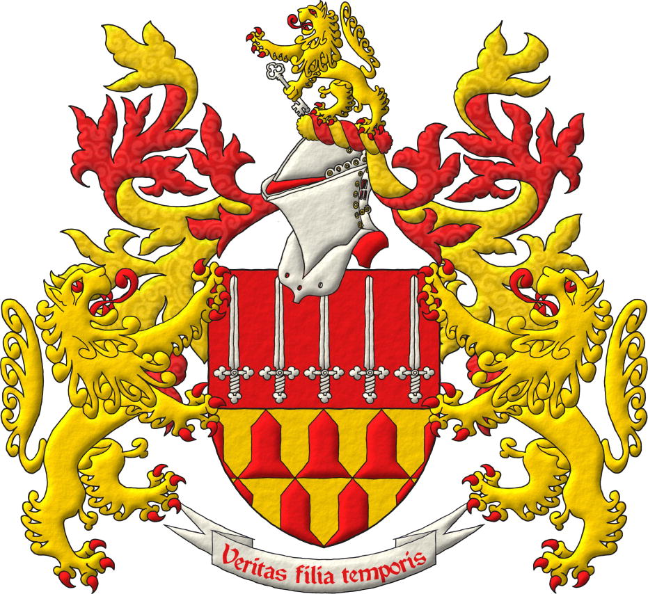 A coat of arms with its crest and 2 supporters