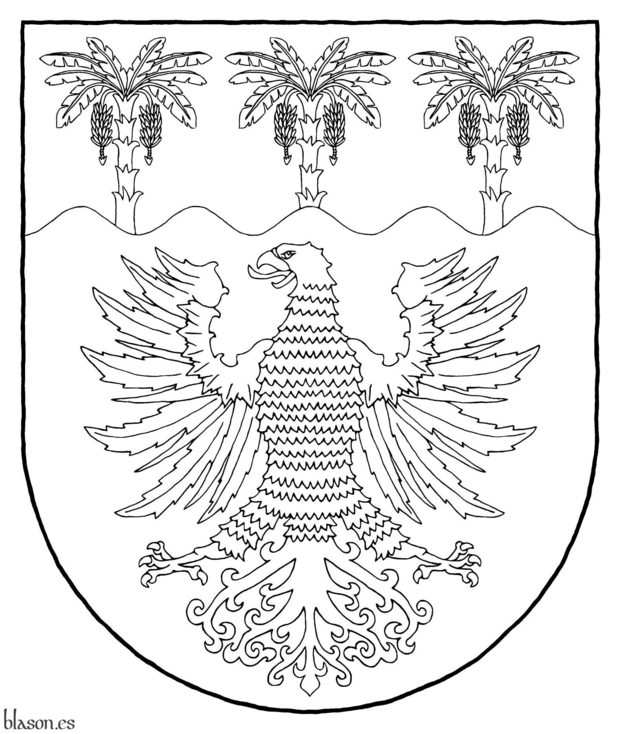 Escudo de sinople, un �guila de plata, picada, lampasada, membrada y armada de gules; un jefe ondado de plata cargado de tres plataneras salientes de sinople.