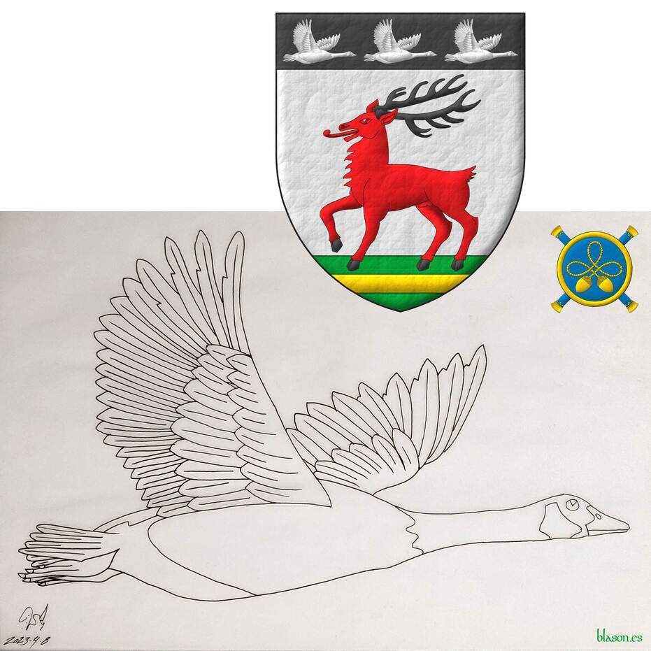 Escudo de plata, un ciervo pasante de gules, ramado y uado de sable, terrazado de una campaa de sinople cargada de una faja de oro; en un jefe de sable, tres gansos volantes alterados de plata.