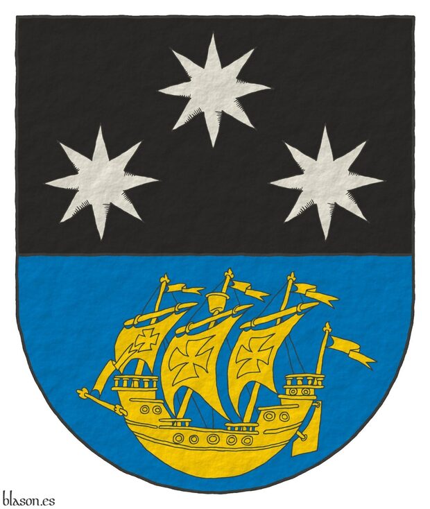 Party per fess: 1 Sable, three mullets of eight points Argent, 1 and 2; 2 Azure, a ship in full sail Or.