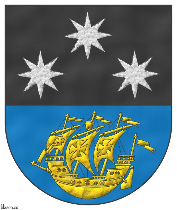 Party per fess: 1 Sable, three mullets of eight points Argent, 1 and 2; 2 Azure, a ship in full sail Or.