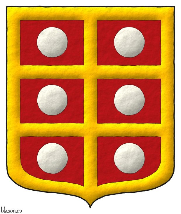 Escudo de gules, una cruz doble y plena de oro cantonada de seis bezantes de plata, una bordura de oro.