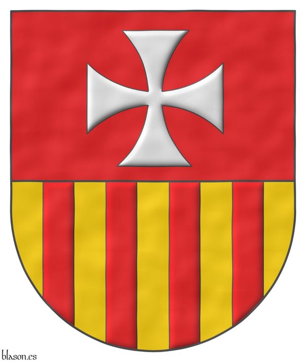 Escudo cortado: 1o de gules, una cruz patada de plata; 2o de Aragón