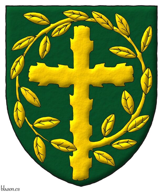 Escudo de sinople, una cruz latina ecotada, de cuyo flanco siniestro nace una rama hojada que rodea la cruz por su parte superior hasta enlazarse sobre su nacimiento, toda de oro.