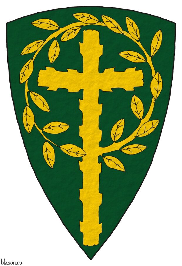 Escudo de sinople, una cruz latina ecotada, de cuyo flanco siniestro nace una rama hojada que rodea la cruz por su parte superior hasta enlazarse sobre su nacimiento, toda de oro.