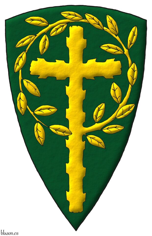 Escudo de sinople, una cruz latina ecotada, de cuyo flanco siniestro nace una rama hojada que rodea la cruz por su parte superior hasta enlazarse sobre su nacimiento, toda de oro.