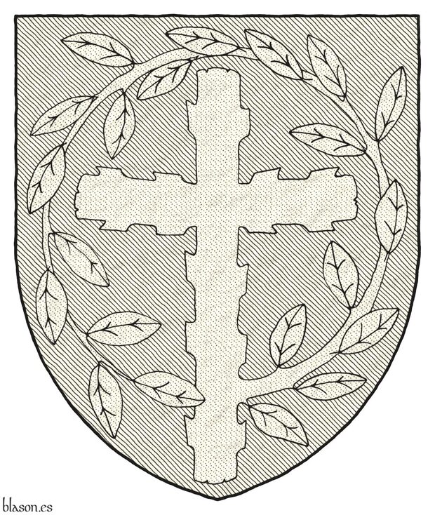 Escudo de sinople, una cruz latina ecotada, de cuyo flanco siniestro nace una rama hojada que rodea la cruz por su parte superior hasta enlazarse sobre su nacimiento, toda de oro.