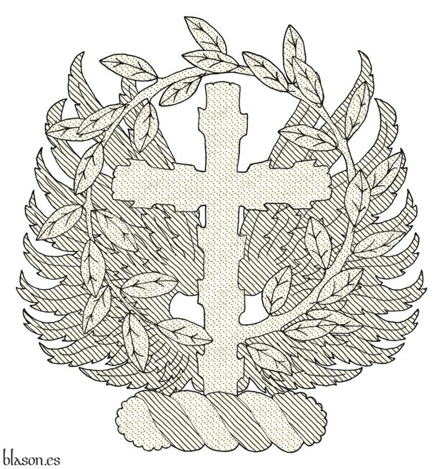 un burelete de oro y sinople, cimado de un vuelo de sinople, resaltado de una cruz latina ecotada, de cuyo flanco siniestro nace una rama hojada que rodea la cruz por su parte superior hasta enlazarse sobre su nacimiento, toda de oro.