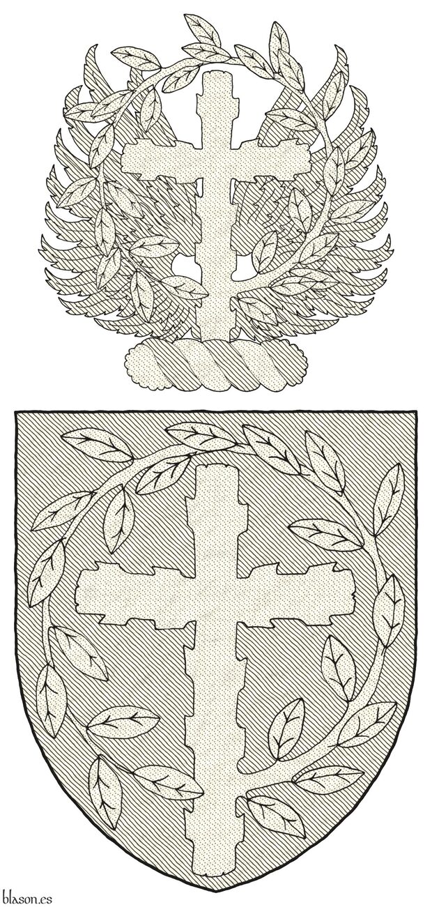 Vert, a Latin cross, raguly, issuant from its sinister a leaved offshoot encircling the cross, its end terminating and debruising the lower limb Or. Crest: Upon a wreath Or and Vert, a pair of wings displayed Vert, debruised by a Latin cross, raguly, couped at random, issuant from its sinister a leaved offshoot encircling the cross, its end terminating and debruising the lower limb Or.