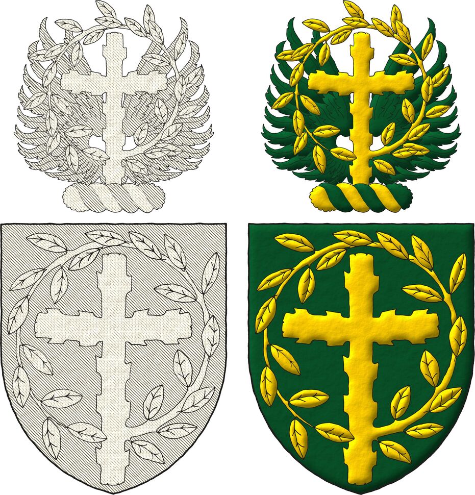 Escudo de sinople, una cruz latina ecotada, de cuyo flanco siniestro nace una rama hojada que rodea la cruz por su parte superior hasta enlazarse sobre su nacimiento, toda de oro. Timbrado de un burelete de oro y sinople, cimado de un vuelo de sinople, resaltado de una cruz latina ecotada, de cuyo flanco siniestro nace una rama hojada que rodea la cruz por su parte superior hasta enlazarse sobre su nacimiento, toda de oro.