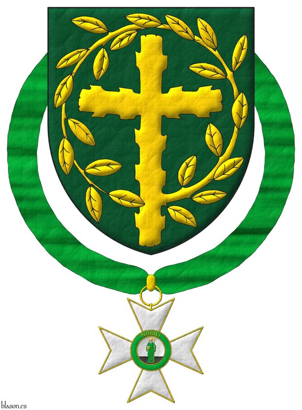 Vert, a Latin cross, raguly, issuant from its sinister a leaved offshoot encircling the cross, its end terminating and debruising the lower limb Or. The shield is surrounded by the cross of the Equestrian, Secular and Chapterial Order of Saint Joachim.