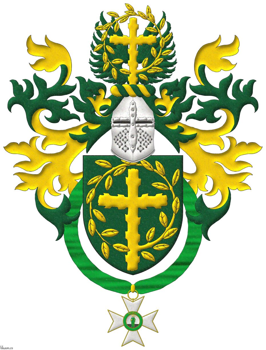 Vert, a Latin cross, raguly, issuant from its sinister a leaved offshoot encircling the cross, its end terminating and debruising the lower limb Or. Crest: Upon a helm affronty, with a wreath Or and Vert, a pair of wings displayed Vert, debruised by a Latin cross, raguly, couped at random, issuant from its sinister a leaved offshoot encircling the cross, its end terminating and debruising the lower limb Or. Mantling: Vert doubled Or. The shield is surrounded by the cross of the Equestrian, Secular and Chapterial Order of Saint Joachim.