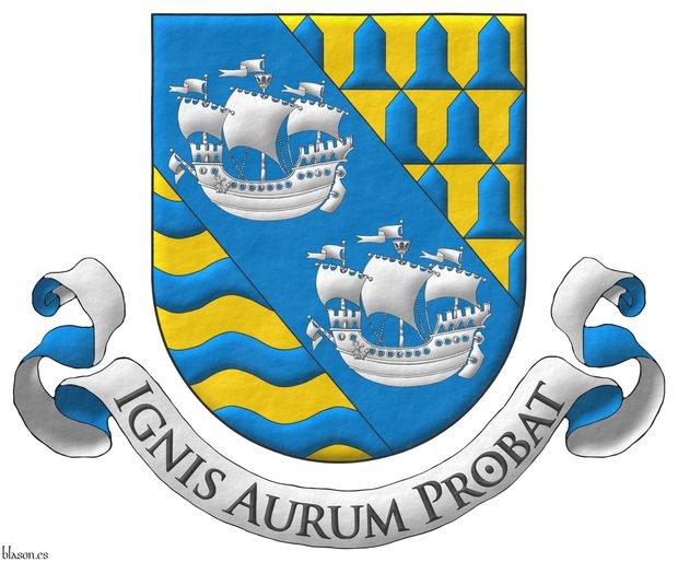 Tierced per bend: 1 vairy Or and Azure; 2 Azure, two ships in full sail, in bend Argent; 3 Or, four bars wavy Azure. Motto: Ignis Aurum Probat.