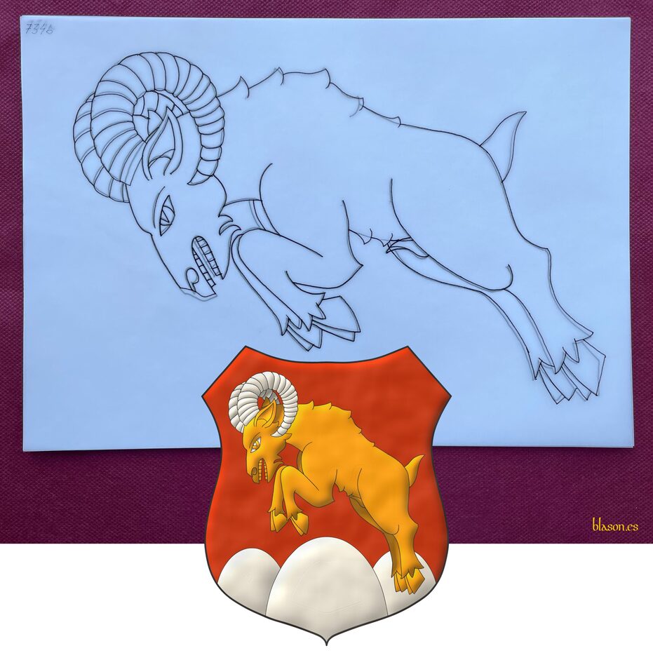 Gules, on a trimount issuant from the base Argent a bighorn sheep salient Or, horned Argent.