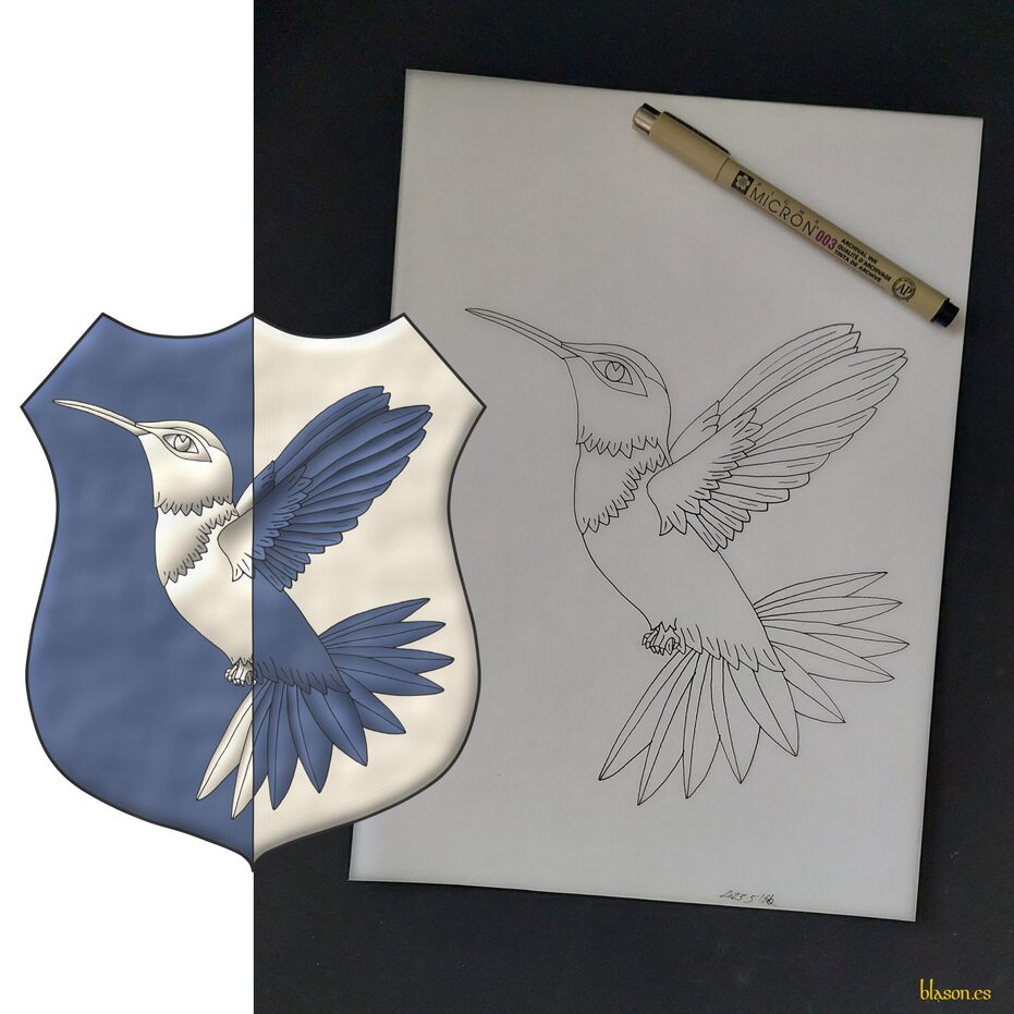 Party per pale Azure and Argent, a hummingbird volant bendwise counterchanged.