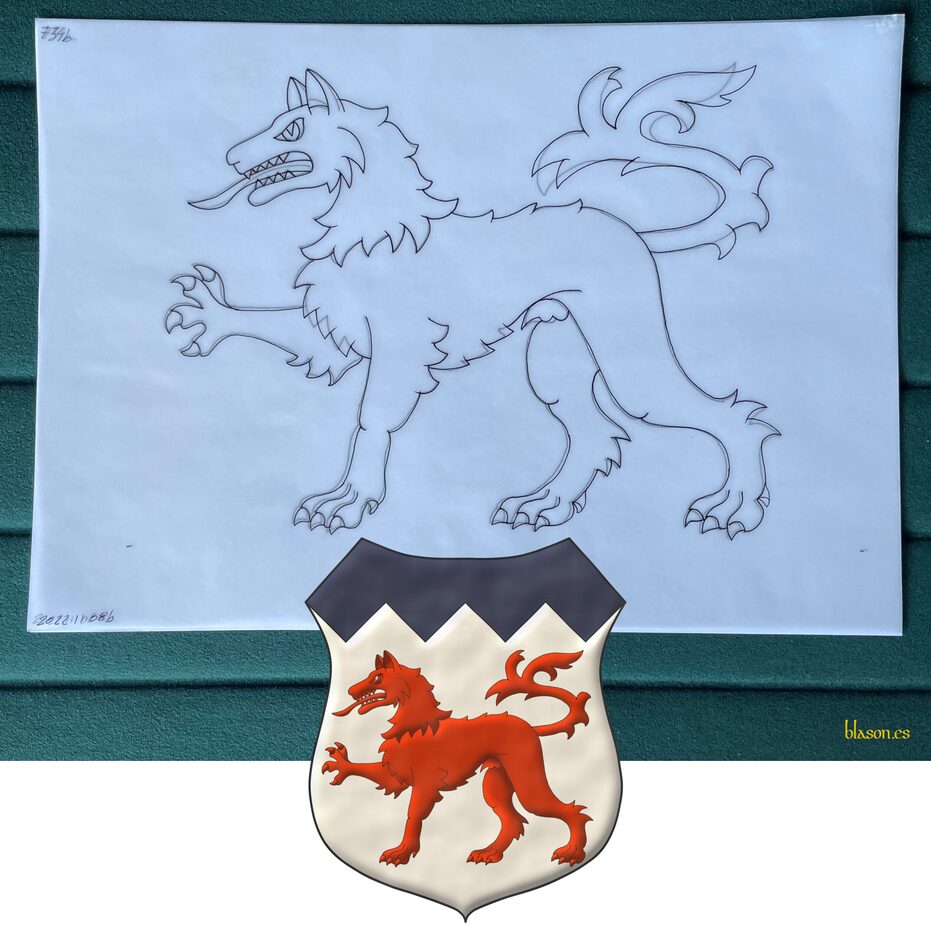 Argent, a wolf passant Gules, a chief dancetty Azure.