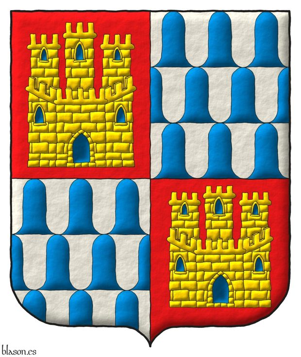 Escudo cuartelado: 1o y 4o de gules, un castillo de oro, aclarado de azur, mazonado de sable; 2o y 3o de veros antiguos.