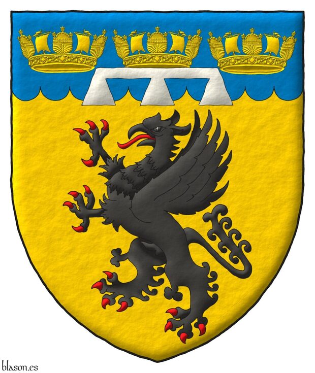 Escudo de oro, un grifo rampante de sable; en un jefe acanalado de azur, tres coronas navales de oro, brisado de un lambel de tres pendientes de plata.