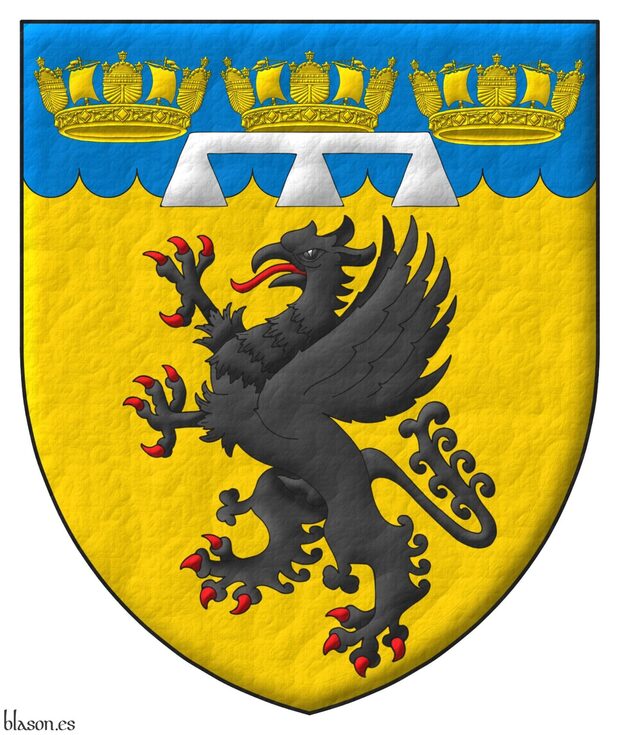 Or, a griffin segreant Sable, on a chief invected Azure three naval crowns Or, the whole debruised by a label of three points Argent.