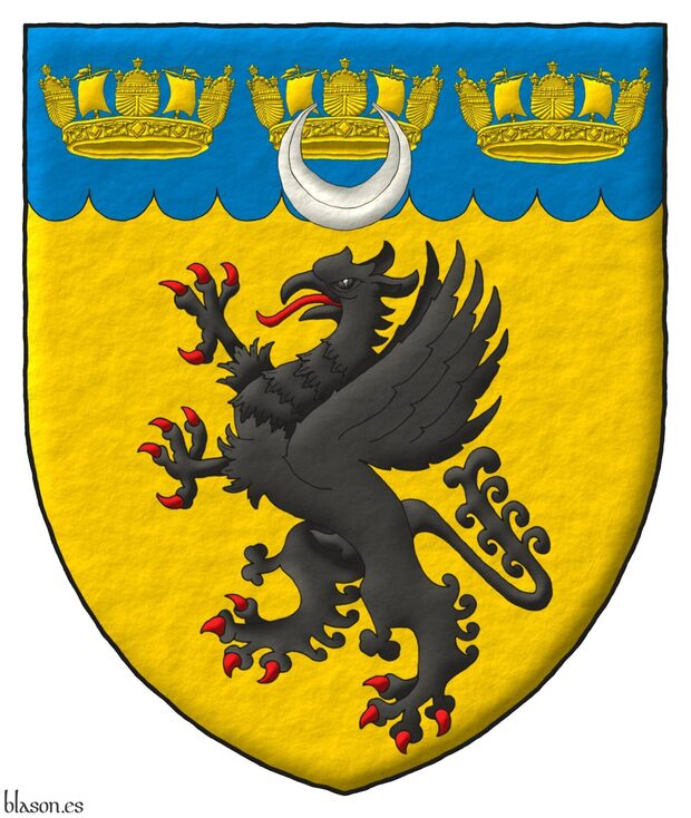 Escudo de oro, un grifo rampante de sable; en un jefe acanalado de azur, tres coronas navales de oro, brisado de un creciente de plata.