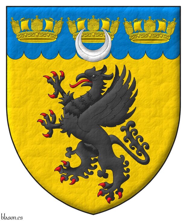 Or, a griffin segreant Sable, on a chief invected Azure three naval crowns Or, the whole debruised by a crescent Argent.