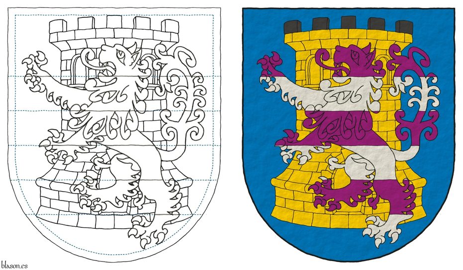 Escudo de azur, una torre de oro, almenada y mazonada de sable, brochante sobre el todo un len rampante fajado de prpura y plata.