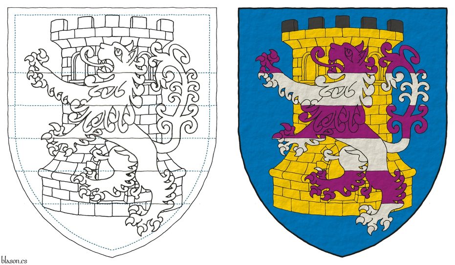 Azure, a tower Or, embattled and masoned Sable, overall a lion rampant barry Purpure and Argent.