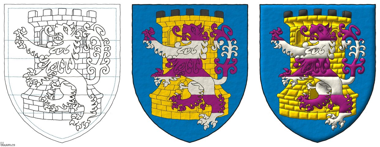 Azure, a tower Or, embattled and masoned Sable, overall a lion rampant barry Purpure and Argent.