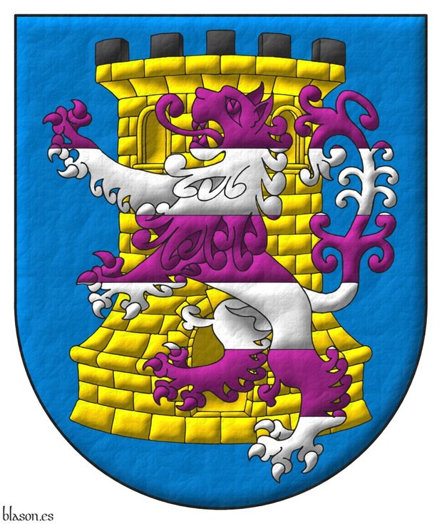 Azure, a tower Or, embattled and masoned Sable, overall a lion rampant barry Purpure and Argent.