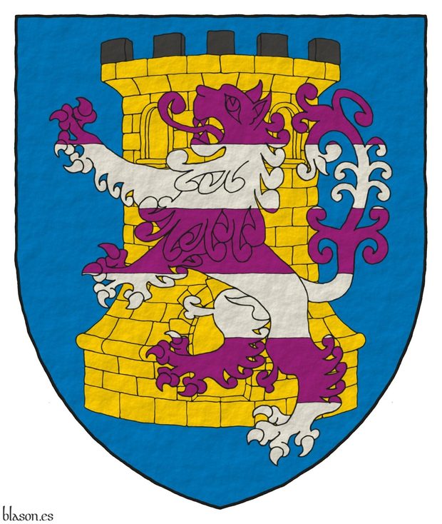 Azure, a tower Or, embattled and masoned Sable, overall a lion rampant barry Purpure and Argent.