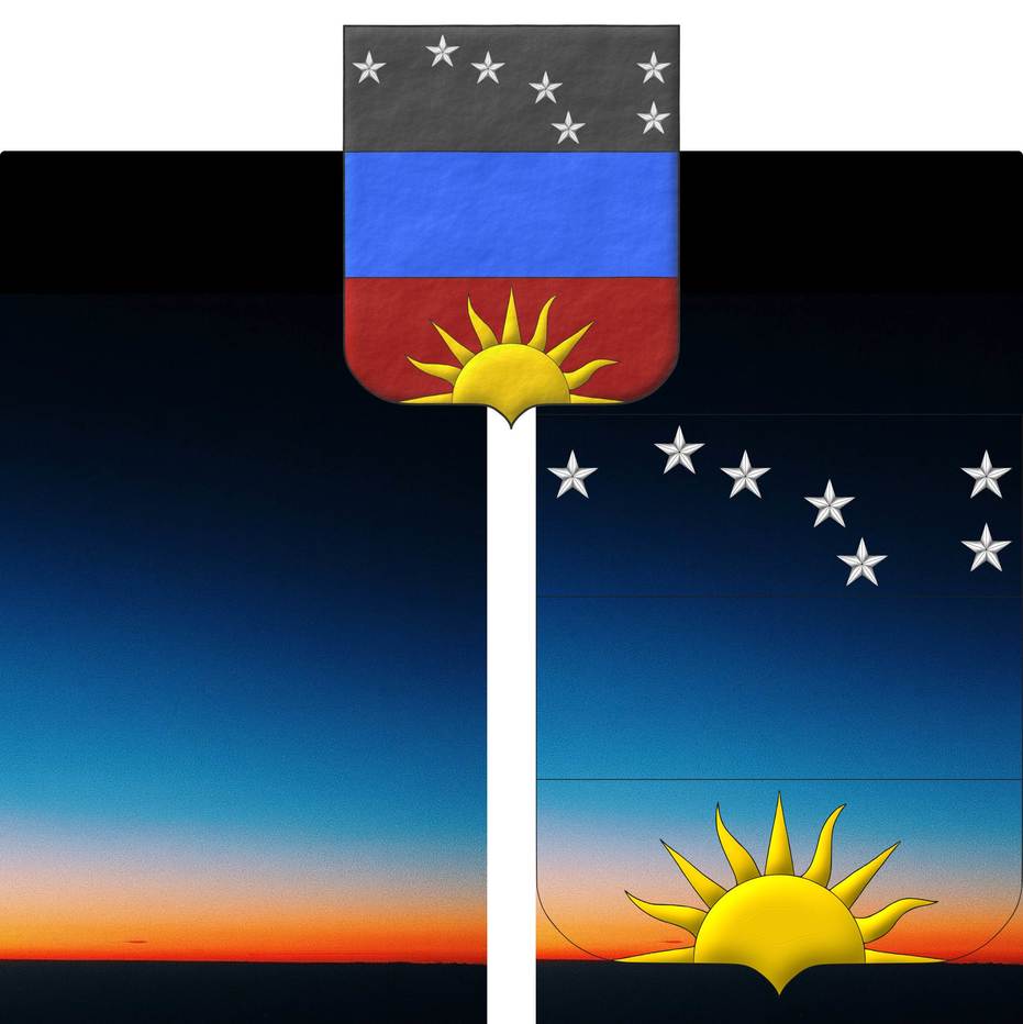 Tierced per fess: 1 Sable, seven mullets Argent arranged as the Plough of Ursa Major; 2 Azure; 3 Sanguine, a demi-sun issuant from base Or.
