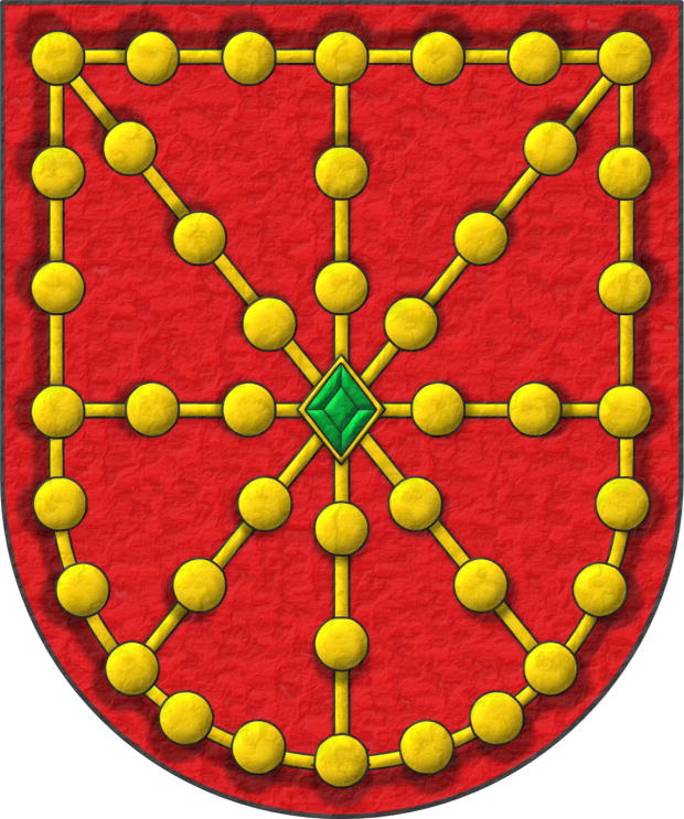 Escudo de gules: un carbunclo cerrado, pomelado de oro; brochante en el centro, una esmeralda de sinople, en forma de losange.