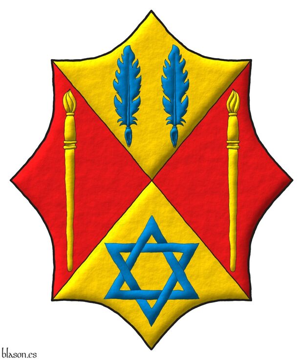Escudo cuartelado en sotuer: 1o de oro, dos plumas para escribir en faja de azur; 2o y 3o de gules, un pincel alzado de oro; 4o de oro, una estrella de seis puntas, hueca y entrelazada de azur.