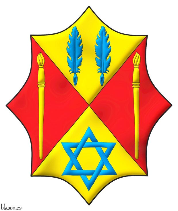 Party per saltire: 1 Or, two quill pens in fess Azure; 2 and 3 Gules, a paintbrush point upwards Or; 4 Or, a mullet of six points voided, interlaced Azure.