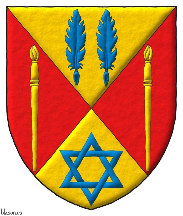 Escudo cuartelado en sotuer: 1o de oro, dos plumas para escribir en faja de azur; 2o y 3o de gules, un pincel alzado de oro; 4o de oro, una estrella de seis puntas, hueca y entrelazada de azur.
