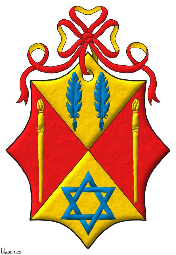Escudo cuartelado en sotuer: 1o de oro, dos plumas para escribir en faja de azur; 2o y 3o de gules, un pincel alzado de oro; 4o de oro, una estrella de seis puntas, hueca y entrelazada de azur. Timbrado de un lazo de gules doblado de oro.