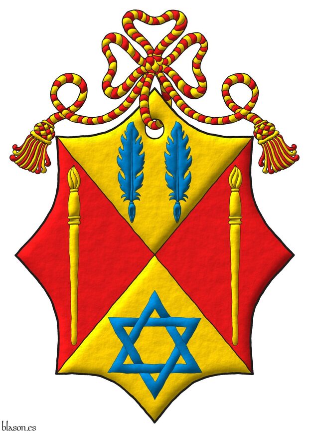 Escudo cuartelado en sotuer: 1o de oro, dos plumas para escribir en faja de azur; 2o y 3o de gules, un pincel alzado de oro; 4o de oro, una estrella de seis puntas, hueca y entrelazada de azur. Timbrado de un cord�n de gules y oro.