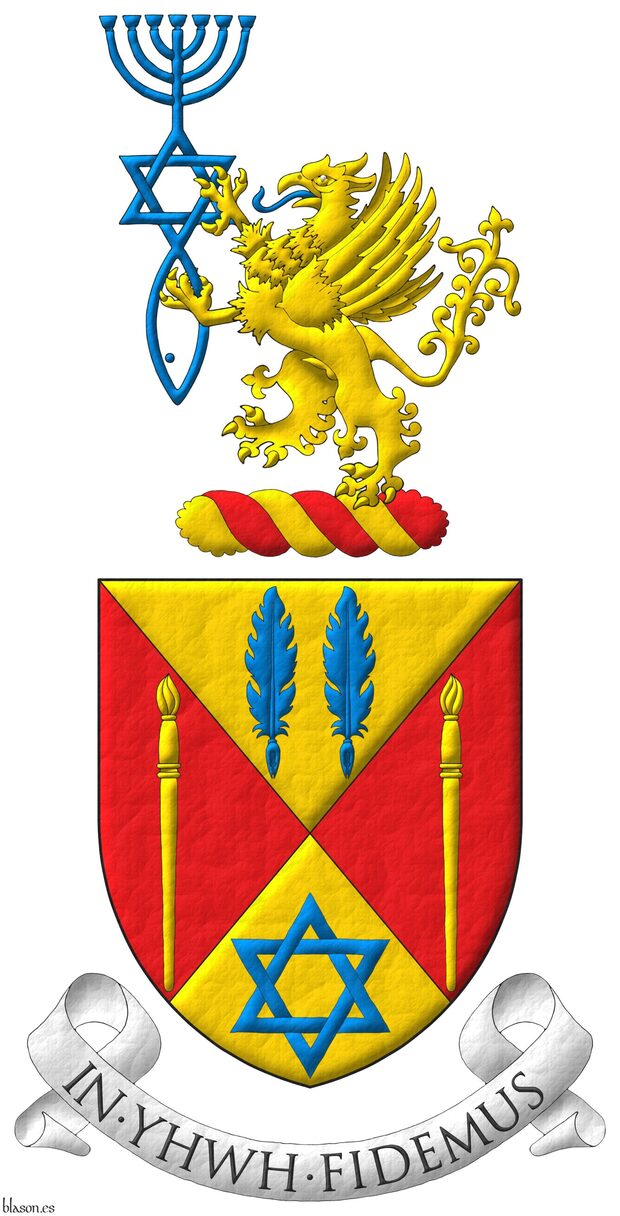 Party per saltire: 1 Or, two quill pens in fess Azure; 2 and 3 Gules, a paintbrush point upwards Or; 4 Or, a mullet of six points voided, interlaced Azure. Crest: Upon a wreath Or and Gules, a griffin segreant Or, langued, supporting with both paws the Messianic Seal of Jerusalem Azure. Motto: �In YHWH Fidemus�.
