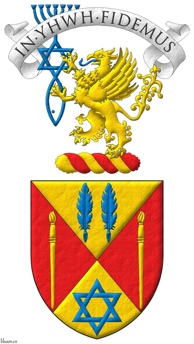 Party per saltire: 1 Or, two quill pens in fess Azure; 2 and 3 Gules, a paintbrush point upwards Or; 4 Or, a mullet of six points voided, interlaced Azure. Crest: Upon a wreath Or and Gules, a griffin segreant Or, langued, supporting with both paws the Messianic Seal of Jerusalem Azure. Motto above the crest: �In YHWH Fidemus�.