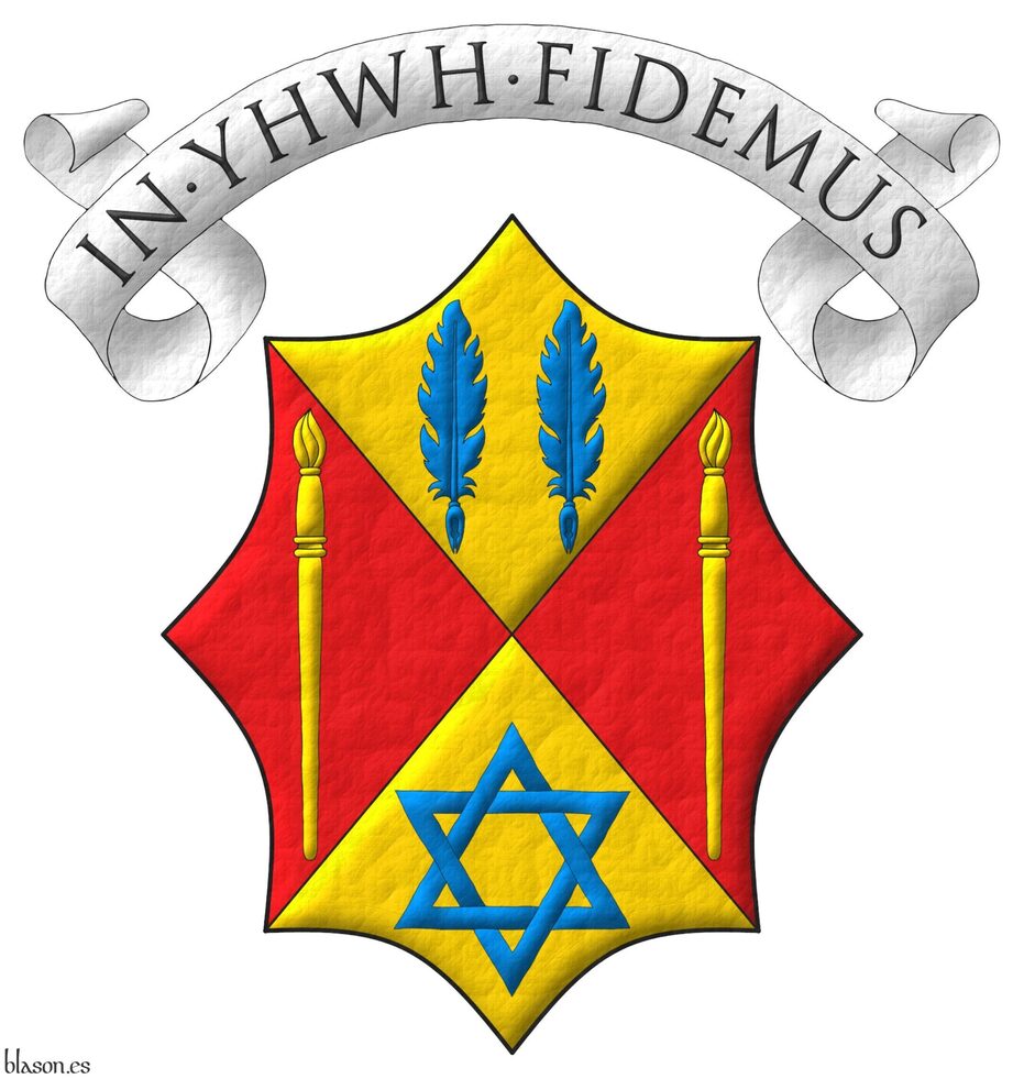 Party per saltire: 1 Or, two quill pens in fess Azure; 2 and 3 Gules, a paintbrush point upwards Or; 4 Or, a mullet of six points voided, interlaced Azure. Motto above the crest: �In YHWH Fidemus�.