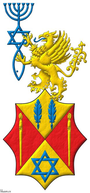Party per saltire: 1 Or, two quill pens in fess Azure; 2 and 3 Gules, a paintbrush point upwards Or; 4 Or, a mullet of six points voided, interlaced Azure. Crest: Above the shield, a griffin segreant Or, langued, supporting with both paws the Messianic Seal of Jerusalem Azure.