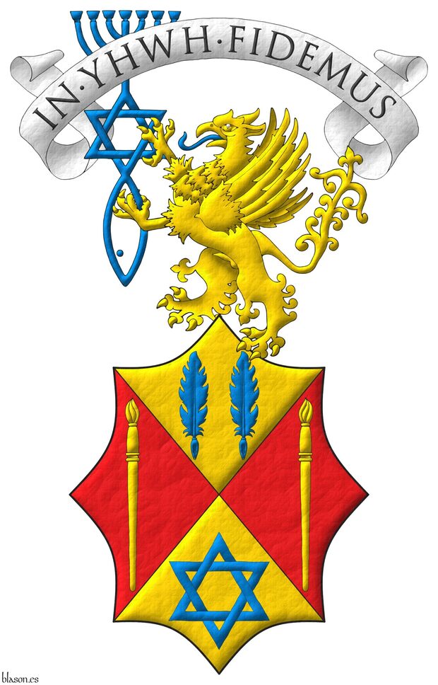 Party per saltire: 1 Or, two quill pens in fess Azure; 2 and 3 Gules, a paintbrush point upwards Or; 4 Or, a mullet of six points voided, interlaced Azure. Crest: Above the shield, a griffin segreant Or, langued, supporting with both paws the Messianic Seal of Jerusalem Azure. Motto above the crest: �In YHWH Fidemus�.