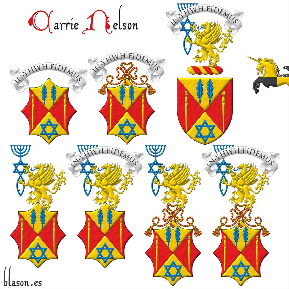 Party per saltire: 1 Or, two quill pens in fess Azure; 2 and 3 Gules, a paintbrush point upwards Or; 4 Or, a mullet of six points voided, interlaced Azure. Crest: Upon a cord Gules and Or, a griffin segreant Or, langued, supporting with both paws the Messianic Seal of Jerusalem Azure. Motto above the crest: �In YHWH Fidemus�.