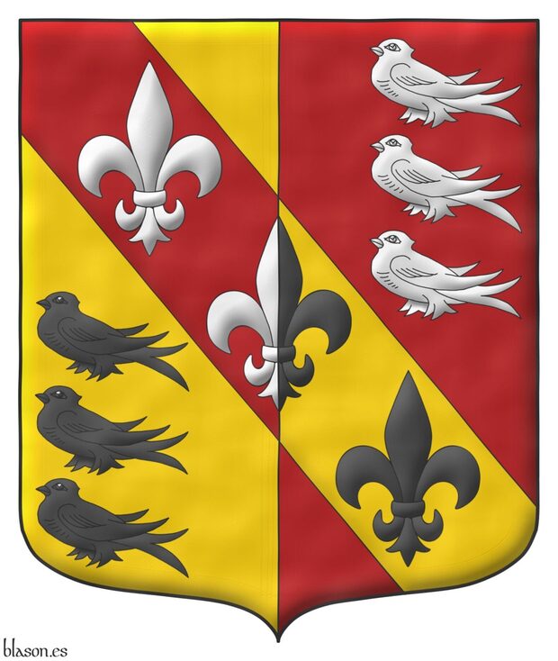 [ Party per pale: 1 Or, in the dexter of the base three martlets in pale Sable; 2 Gules, in the sinister of the chief three martlets in pale Argent; overall a bend counterchanged charged with three fleurs de lis palewise, the first Argent, the second per pale Argent and Sable, and the third Sable ] alternatively [ Party per pale Or and Gules, on a bend counterchanged three fleur de lis palewise counterchanged Argent and Sable between six martlets, 3 and 3 in pale, counterchanged Sable and Argent ].