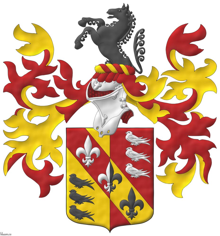 [ Party per pale: 1 Or, in the dexter of the base three martlets in pale Sable; 2 Gules, in the sinister of the chief three martlets in pale Argent; overall a bend counterchanged charged with three fleurs de lis palewise, the first Argent, the second per pale Argent and Sable, and the third Sable. Crest: Upon a helm with a wreath Or and Gules, a demi-horse Sable. Mantling: Gules doubled Or ] alternatively [ Party per pale Or and Gules, on a bend counterchanged three fleur de lis palewise counterchanged Argent and Sable between six martlets, 3 and 3 in pale, counterchanged Sable and Argent. Crest: Upon a helm with a wreath Or and Gules, a demi-horse Sable. Mantling: Gules doubled Or ].