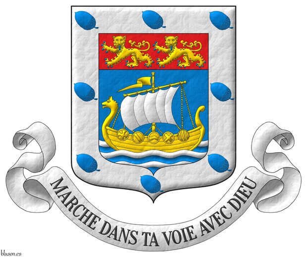 Azure, on three bars wavy Argent, a Norman ship Or, full sail Argent; on a chief Gules, two leopards Or, armed and langued Azure; a bordure Argent charged with eight acorns bendwise Azure. Motto: Marche dans ta voie avec Dieu.