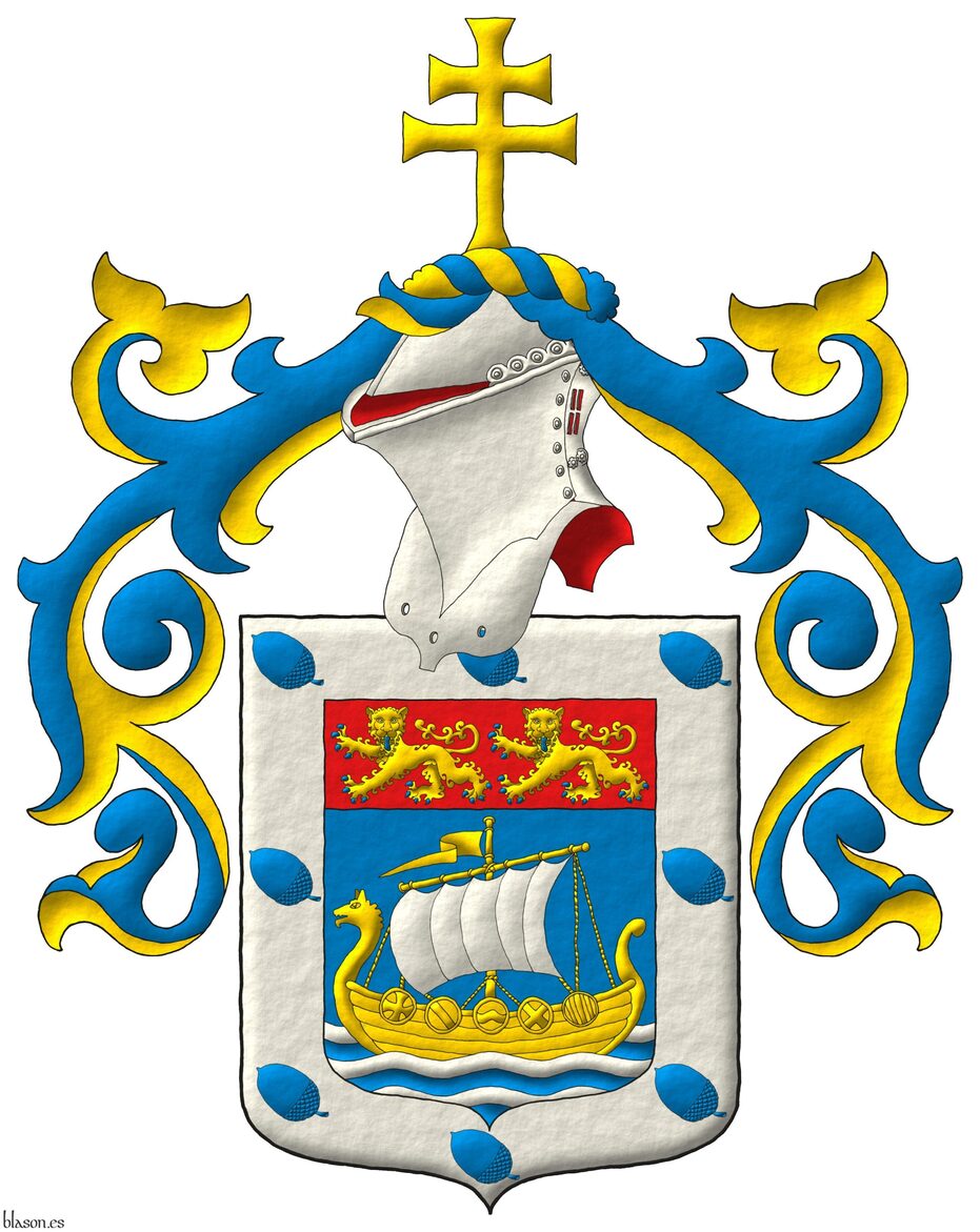 Escudo de azur, en punta tres burelas ondadas de plata sumadas de un barco normando de oro con vela de plata; en un jefe de gules, dos leopardos de oro, armados y lampasados de azur; una bordura de plata cargada de ocho bellotas puestas en banda de azur. Timbrado de un yelmo adornado de dos lambrequines de azur y oro, un burelete de oro y azur, cimado de una cruz de Lorena patada de oro.