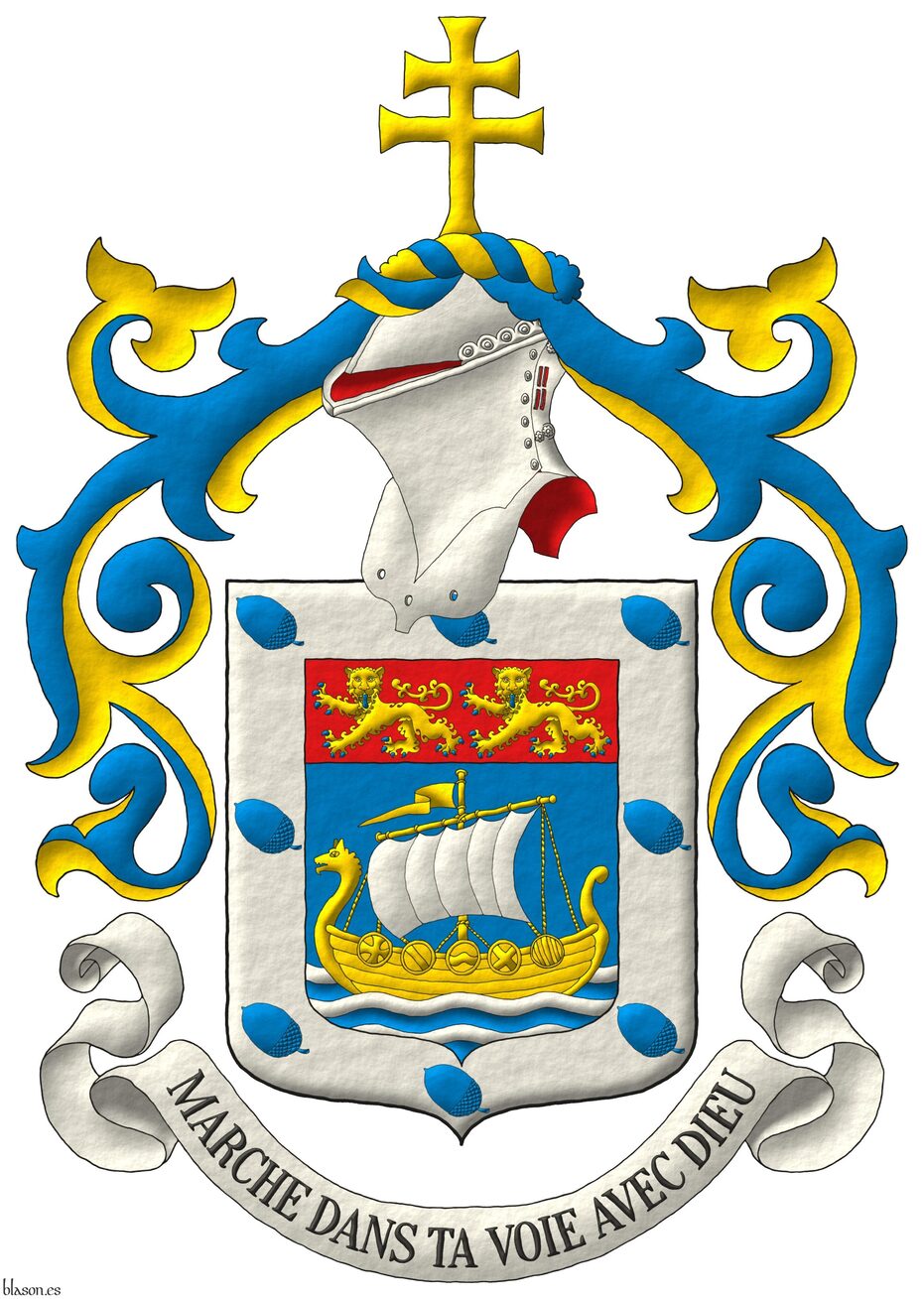 Escudo de azur, en punta tres burelas ondadas de plata sumadas de un barco normando de oro con vela de plata; en un jefe de gules, dos leopardos de oro, armados y lampasados de azur; una bordura de plata cargada de ocho bellotas puestas en banda de azur. Timbrado de un yelmo adornado de dos lambrequines de azur y oro, un burelete de oro y azur, cimado de una cruz de Lorena patada de oro. Lema: Marche dans ta voie avec Dieu.